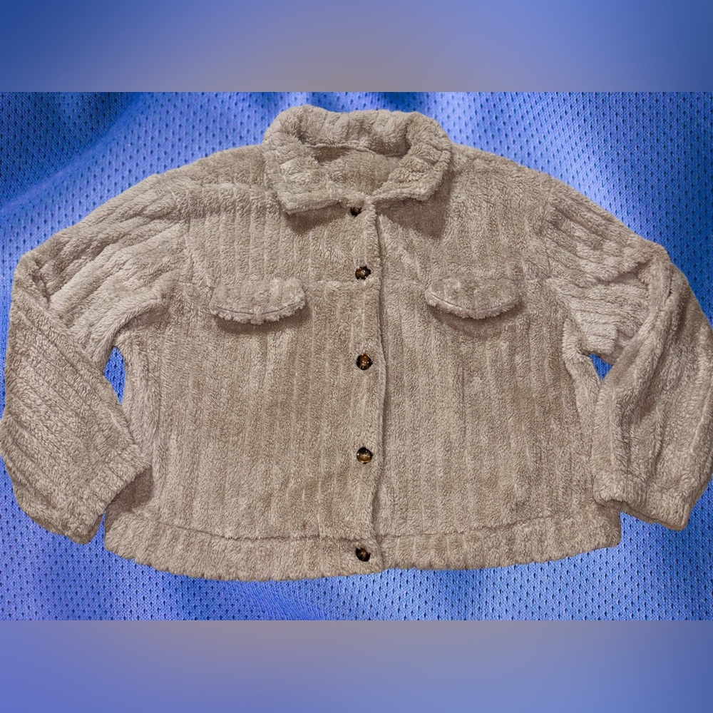 Womens Khaki Fleece Button-Up Shacket Soft Faux Fur Coat Beige Plush Jacket (16)